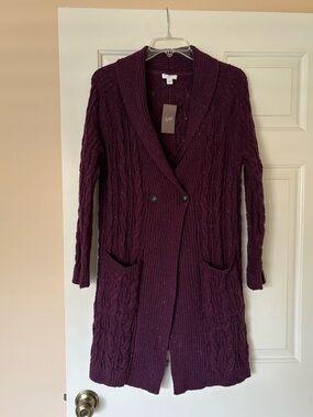 J. Jill Plum Cable-Knit Longline Shawl Collar Cardigan